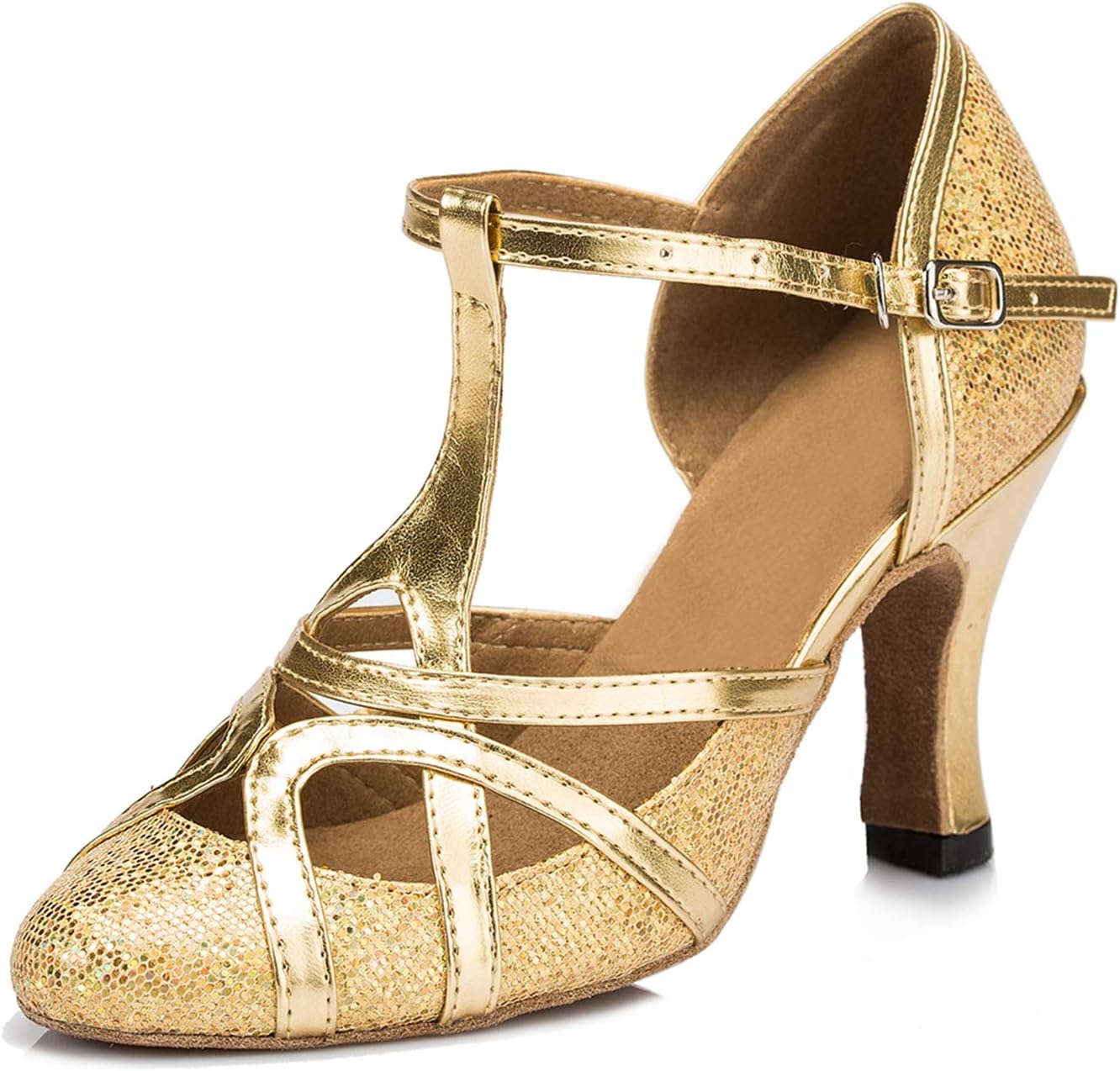 Minishion Women's Comfortable Dance Shoes T-Strap Glitter Party Wedding Pumps