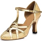 Minishion Women's T-Strap Dance Heels Glitter Salsa Ballroom Shoes Wedding Party Pumps