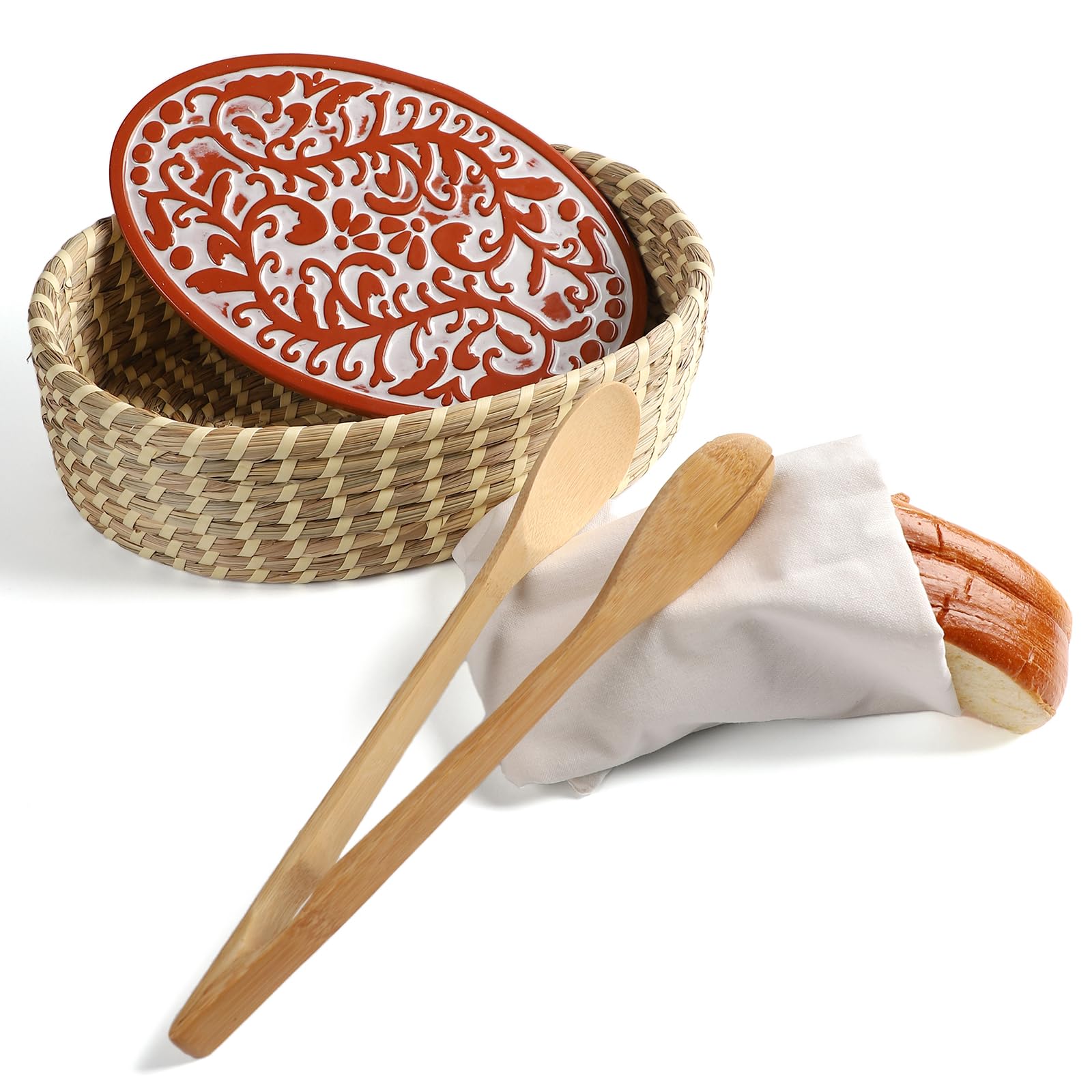 Photo 1 of Hostess Terracotta Bread Warmer Basket with Stone Set, Serving Bread Baskets - Perfect Gifts for Sourdough Bakers and Housewarming