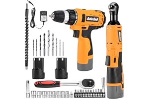Adedad Cordless Ratchet Wrench & Drill Set, Electric 12V Battery Powered Ratcheting Wrench Drill Tool Kit w/2 Batteries, 10 Sockets, 3/8" 40Ft-lbs 400 RPM Ratcheting Wrench Tool Kit