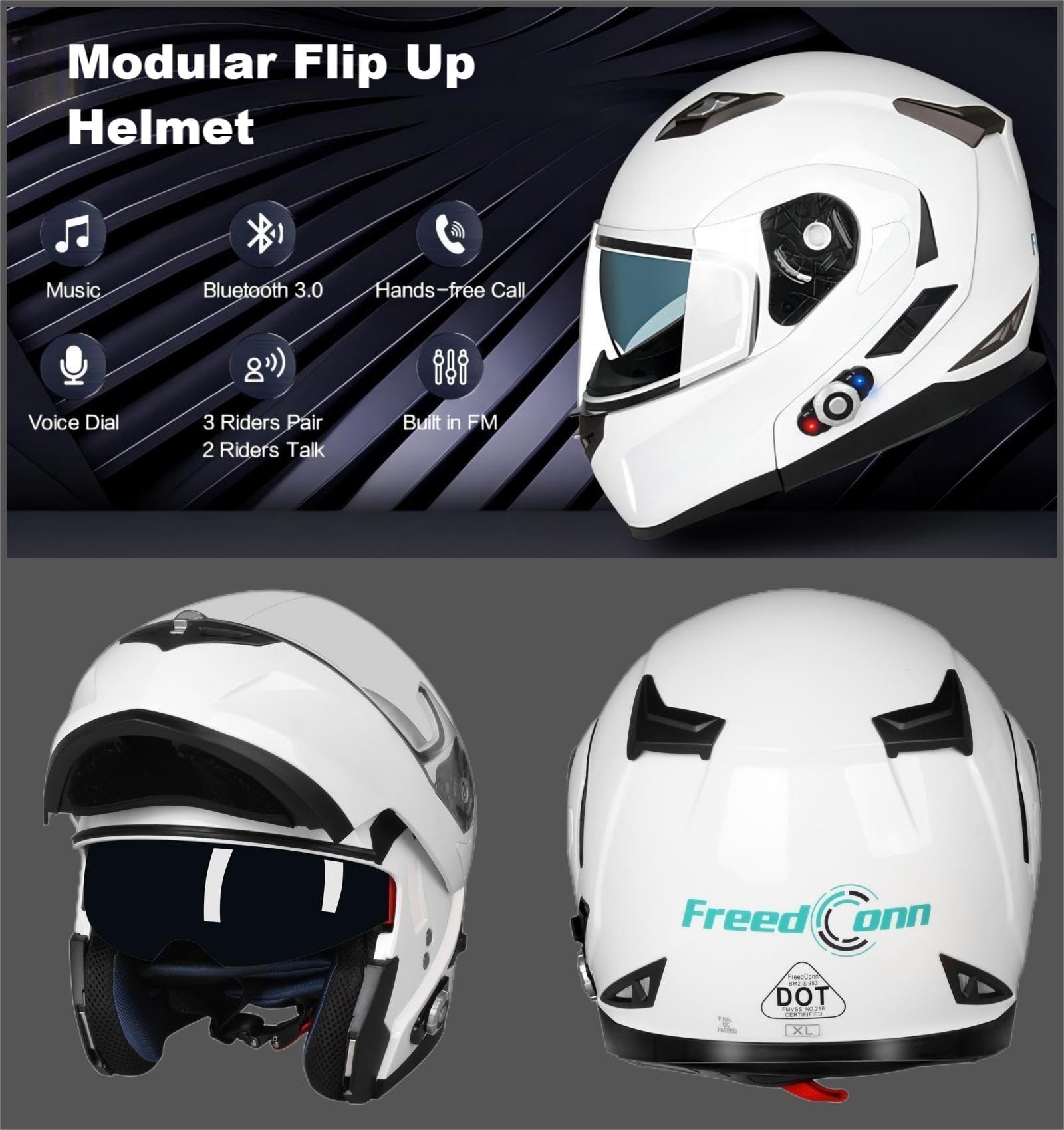 Motorcycle Bluetooth Helmet FreedConn BM2-S Flip Up Modular Bluetooth Motorcycle Helmet Voice Dial Hands-free Call 500M 2-3 Riders MP3 FM DOT Motorcycle Helmet with Bluetooth 3.0 ( X-Large, White)