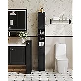 HEXCELEN Bathroom Storage Cabinet, Narrow Tall Bathroom Cabinet, Freestanding Floor Cabinets with 2 Doors and 1 Drawer, Toilets Organizer with Adjustable Shelf, 1 Hook for Small Spaces, Black
