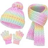 SK Studio Kids Winter Hat Gloves Scarf Set, Girls Toddler Beanie with Pom Knit Neck Warmer Gloves Fleece Lined Set, Pink