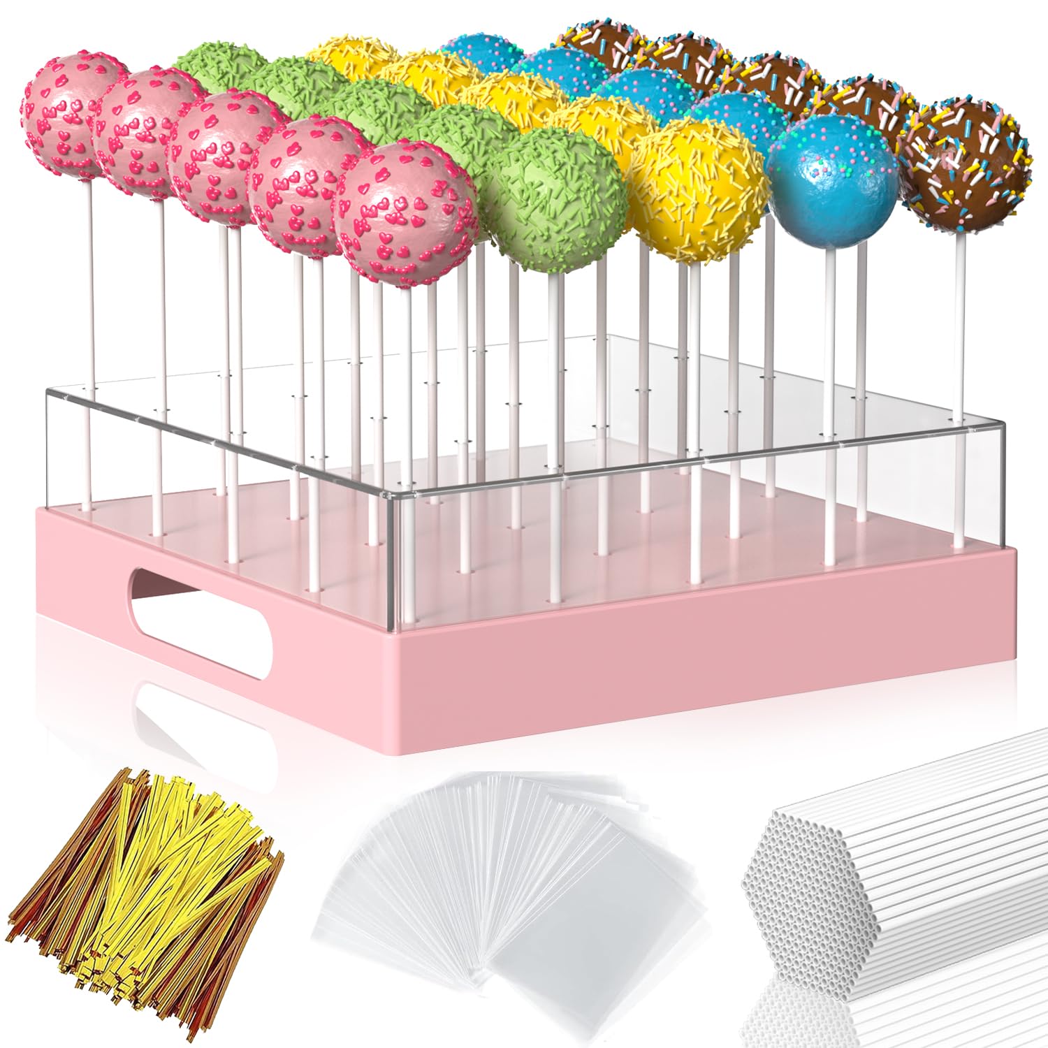 Photo 1 of Cake Pop Stand,25 Holes Clear Cake Pops Display Holder,Cake Pop Sticks Kit, Candy Pop Holder,Cake pop Mold for Party,Wedding,Birthday(Pink,1-Pack)