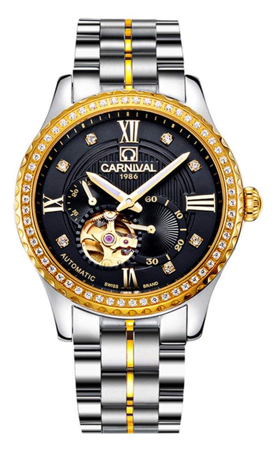 Men Top Brand Skeleton Automatic Movement Diamond Luminous Business Stainless Steel Waterproof Watch