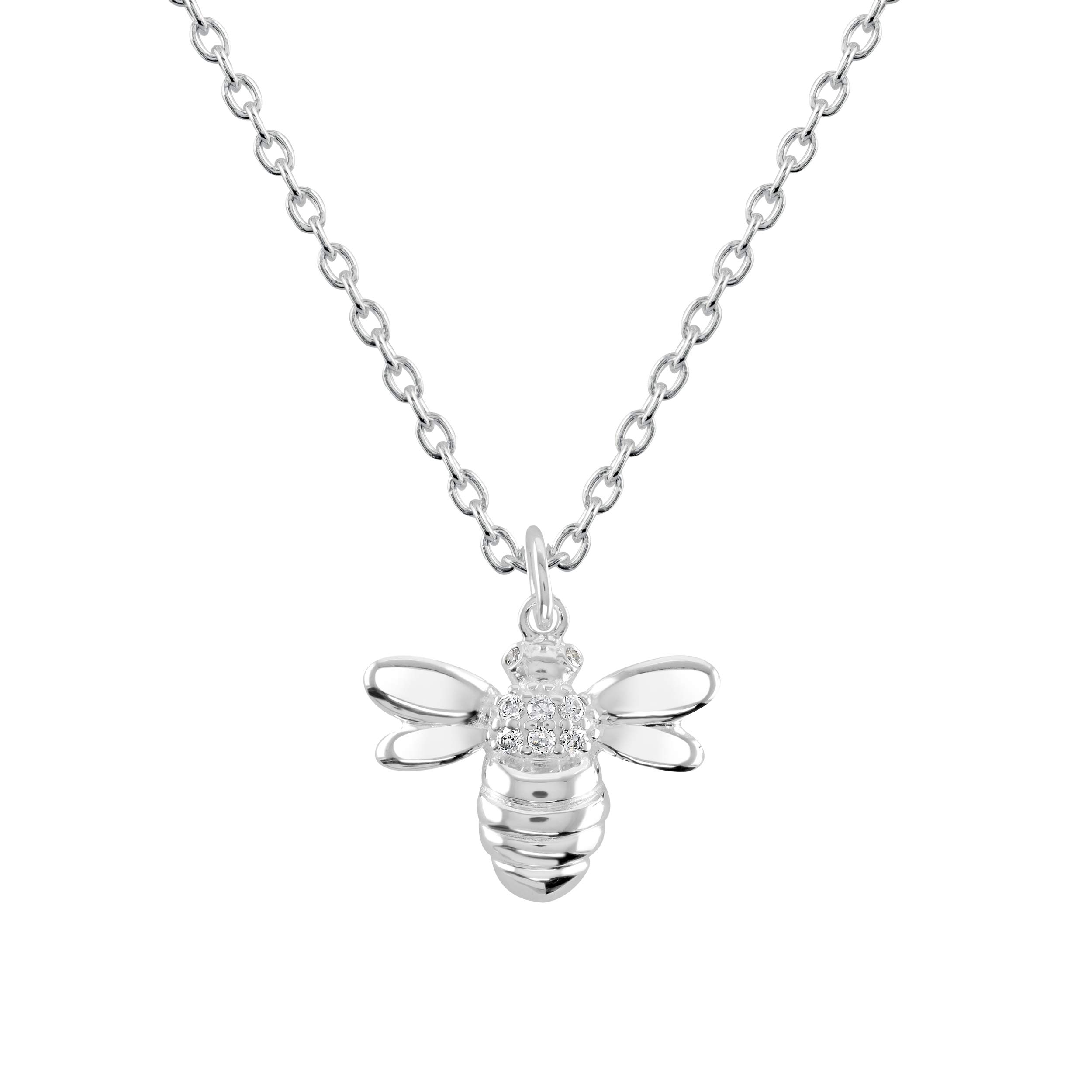 Dew Sparkling Bee Cubic Zirconia Pendant 18" Necklace – Sterling Silver, Cute and Fun Nature Inspired Jewellery