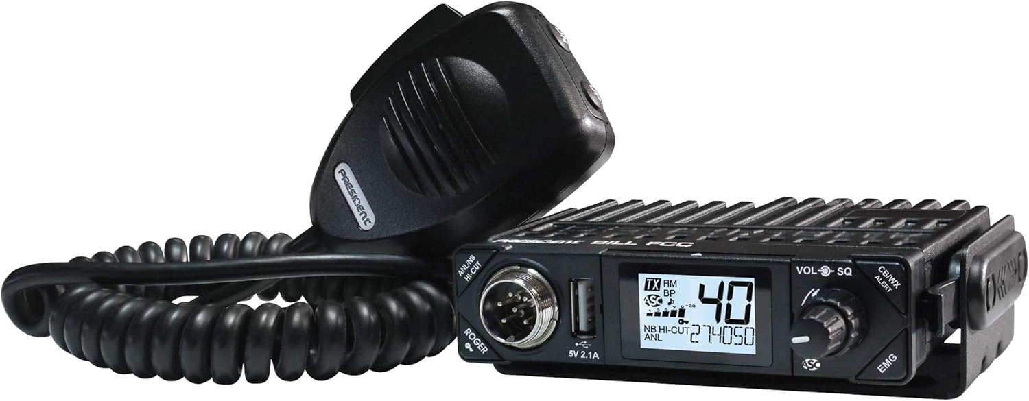 President Electronics BILL CB Radio, 40 Channels AM, 12 Volts, USB 5V/2.1A, Up/Down Channel Selector, Volume Adjustment and ON/OFF, Manual Squelch and ASC, Multi-functions LCD Display, S-meter: Electronics