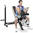 Marcy Olympic Workout Bench for Home Gym Strength Training Equipment with Preacher Curl Pad and Weight Rack Storage, White/Black