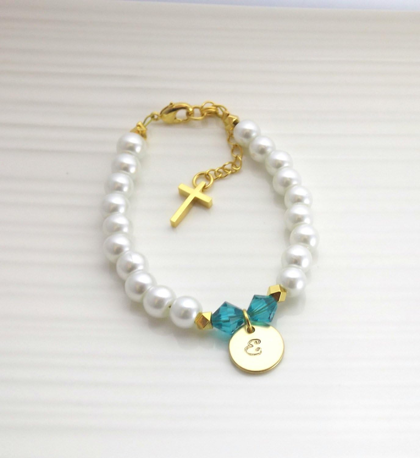Children's pearl bracelet with cross, baby girl or baby boy personalized christening baptism gift, first communion gift, custom baptism gift