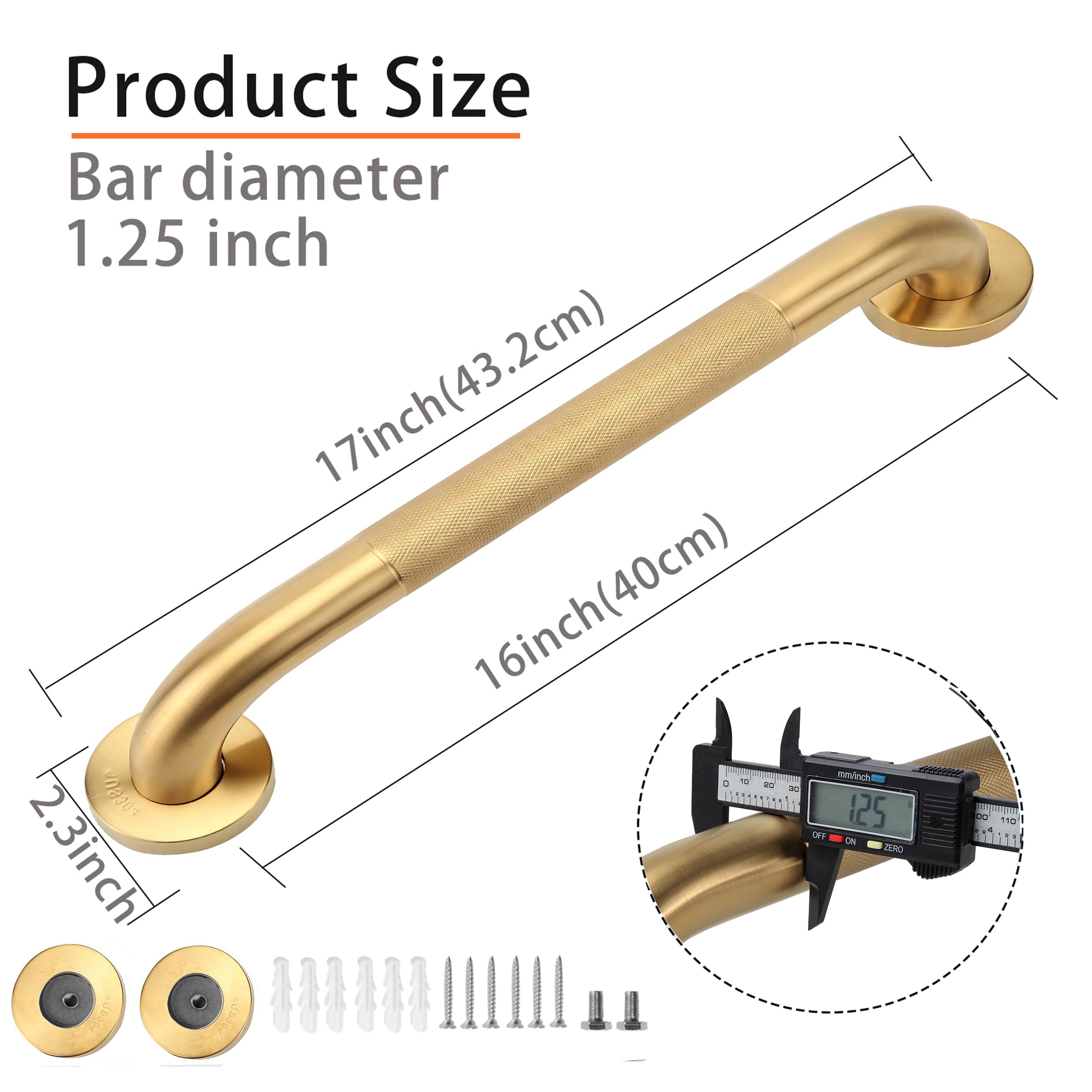 Shower Grab Bar, 2 Pack 16 Inch Gold Bathroom Grab Bar, 1.25