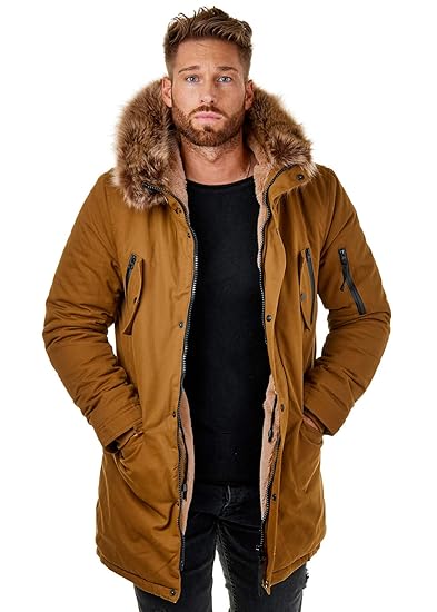 EightyFive EF7128 Herren Parka Winterjacke Kunstfell Teddyfell Schwarz Camel