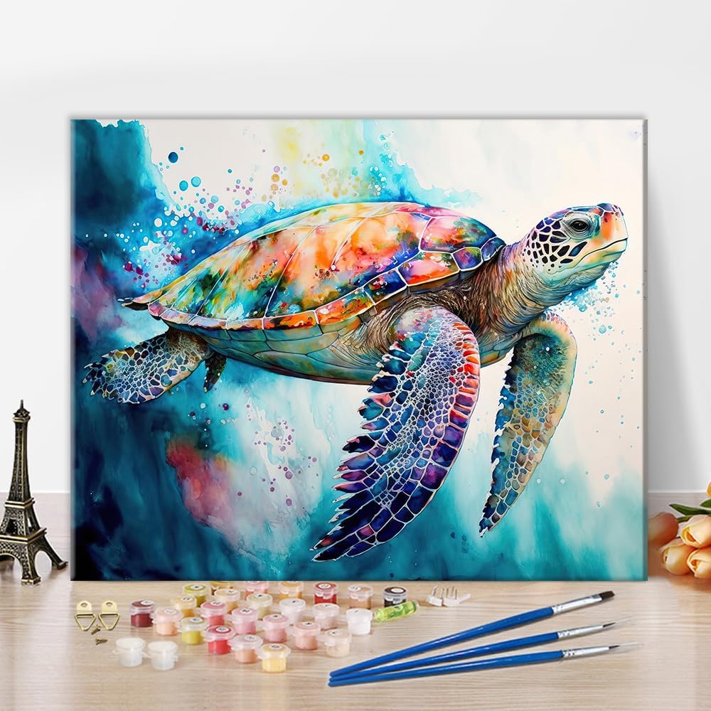 Paintings - Paint by Numbers Sea Turtle Adult Paint by Number Kits on Canvas Animals Oil Hand Painting with Brushes and Acrylic Pigment Paint Kits for Adults Art Crafts for Home Wall Decor 16