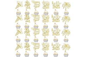 Qertesl 24PCS Happy New Year Cupcake Topper,Hello 2025，Cheers to 2025，New Year Cake Decoration New Years Eve Party Decorations Supplies.