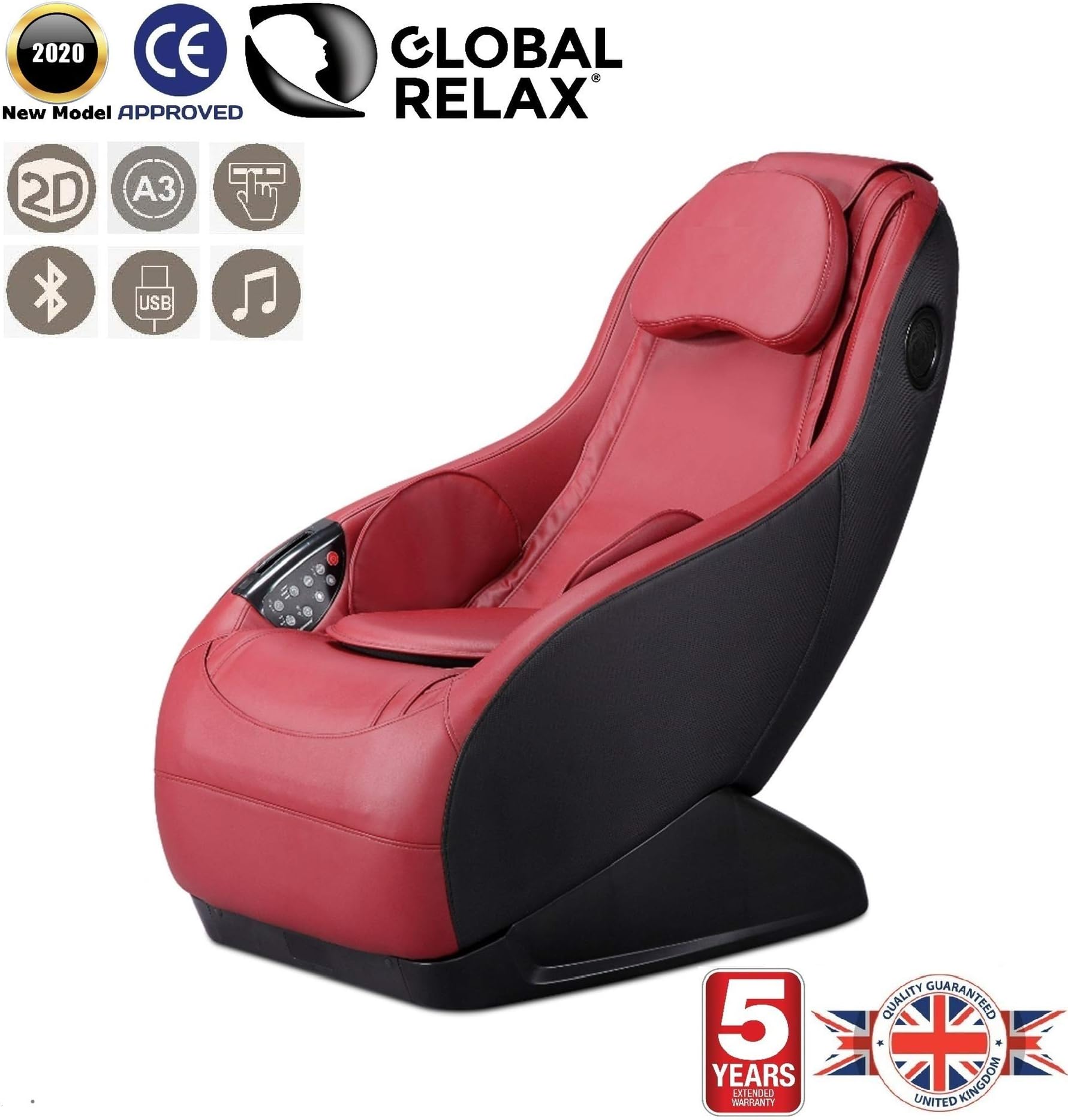 GURU® Professional Massage Chair - Red (2020 mod.) - 3 Massage Modes - 3D Surround Sound - Relax Armchair with Bluetooth and USB Charge Port System - 5 Years Warranty