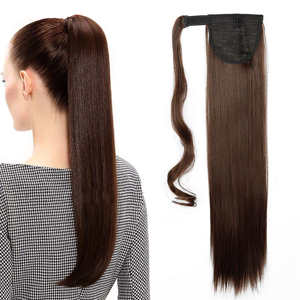 Silk-co 26" Long Straight Wrap around Ponytail Extensions Synthetic Clip in Ponytail Hair Extensions Hairpiece for Women (Light Brown)