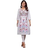 JG JAI GOVINDAM Indian Hand Embroidered Kurti for Women Chikankari Straight Cotton Long Kurti's Tunic Kurta Dreses for Women