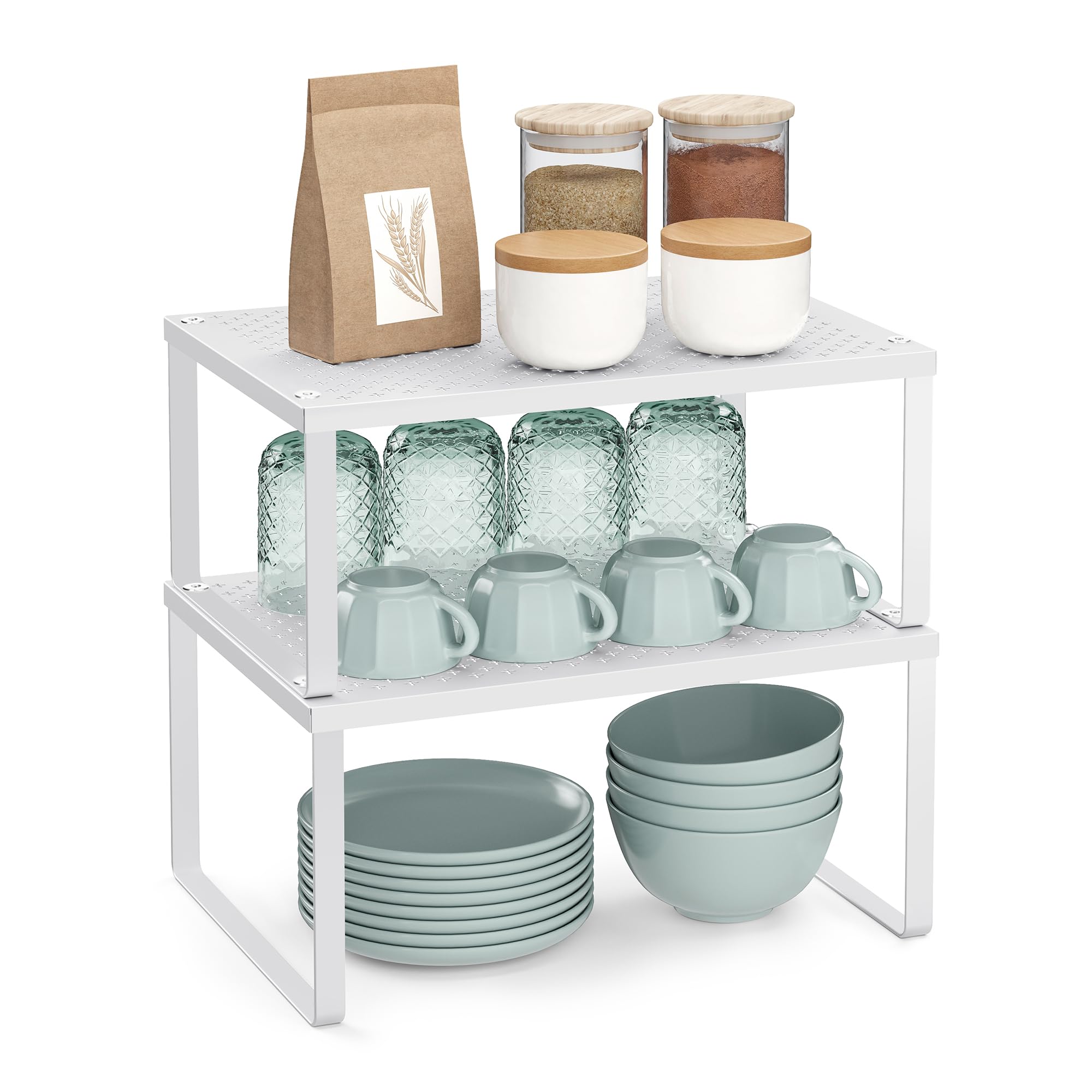 SONGMICS Spice Racks, Set of 2 Cupboard Organisers, Kitchen Storage, Stackable, Expandable, Metal Counter Shelves, White KCS01WT