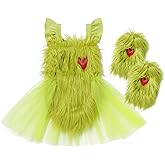 OBEEII Infant Baby Girl Christmas Outfit Furry Sleeveless Romper Dress with Socks 2pcs Set