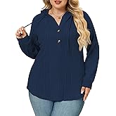 ROSRISS Plus Size Tops for Women Casual V Neck Hoodies Sweatshirts Fashion Ribbed Knit Shirts Loose Fit Long Sleeve Sweaters