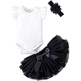 LYSMuch 0-24M Baby Girls Outfit Set Tutu Skirt with Diaper Cover Ruffle Sleeve Bodysuit Flower Headband