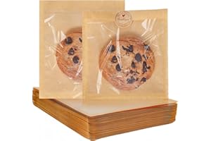 SUREHOME Cookie Bags Small Brown Paper Bags with Window 100 Pcs Thank You Stickers 5.7 x 6.5 Inch Individual Heat Sealable Kraft Bakery Bags for Gift Giving, Treats, Snacks, Baked Goods Packaging