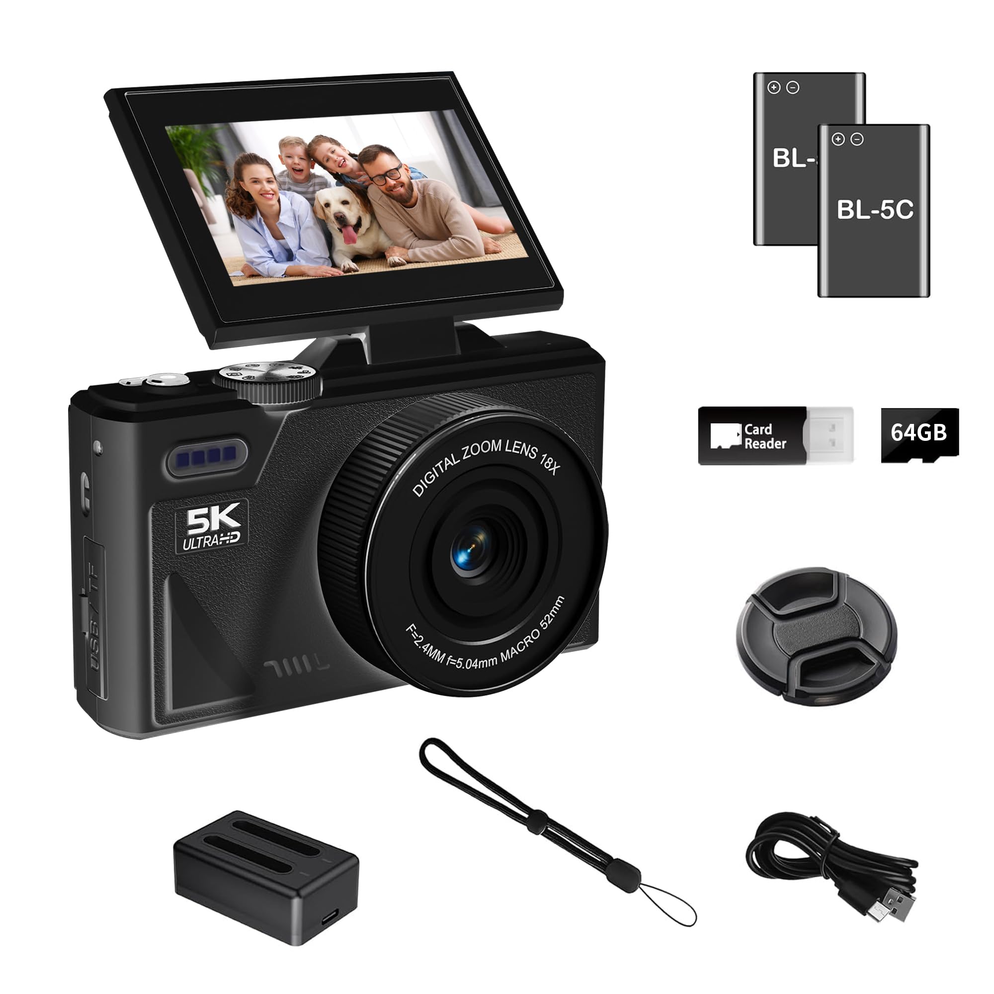 Photo 1 of LENANE 5K Digital Camera for Photography with WiFi, 75MP Ultra HD Vlogging Camera for YouTube with 3" 180° Flip Screen,18X Zoom Autofocus Compact Cameras for Beginners Teens with 64GB SD Card.
