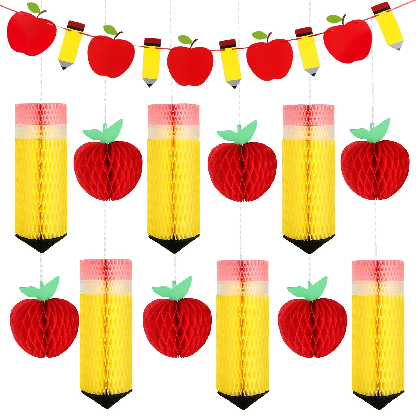 Photo 1 of 13Pcs Back to School Hanging Decorations Pencil Apple Hanging Honeycombs Classroom Decoration First Day of School Banner Set for Boys Girls Welcome Theme Party Supplies Photo Props Favors Decor