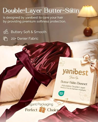 〽️Women Burgundy Doubl Layer Hair Wrap Reduce Friction Prevent Frizz Satin Bonet YANIBEST Adjustable Satin Bonnet for Sleeping Women Double  main image 2