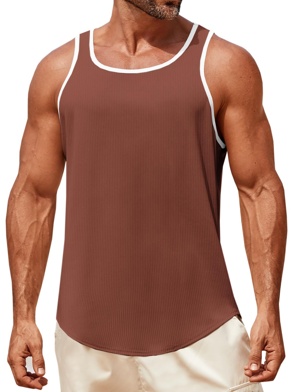 Photo 1 of Runcati Mens Sleeveless Tank Tops Workout Muscle Gym Knitted Shirt Athletic Bodybuilding Slim Fit Ribbed T Shirts Brown