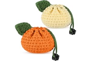 Lyrow 2 Pcs Small Crochet Purses Handmade Cute Coin Purse Tangerine Shaped Storage Bag Mini Drawstring Change Pouch Knitting Woven Wallet for Women Keychain Earbuds Dice, Orange and Yellow