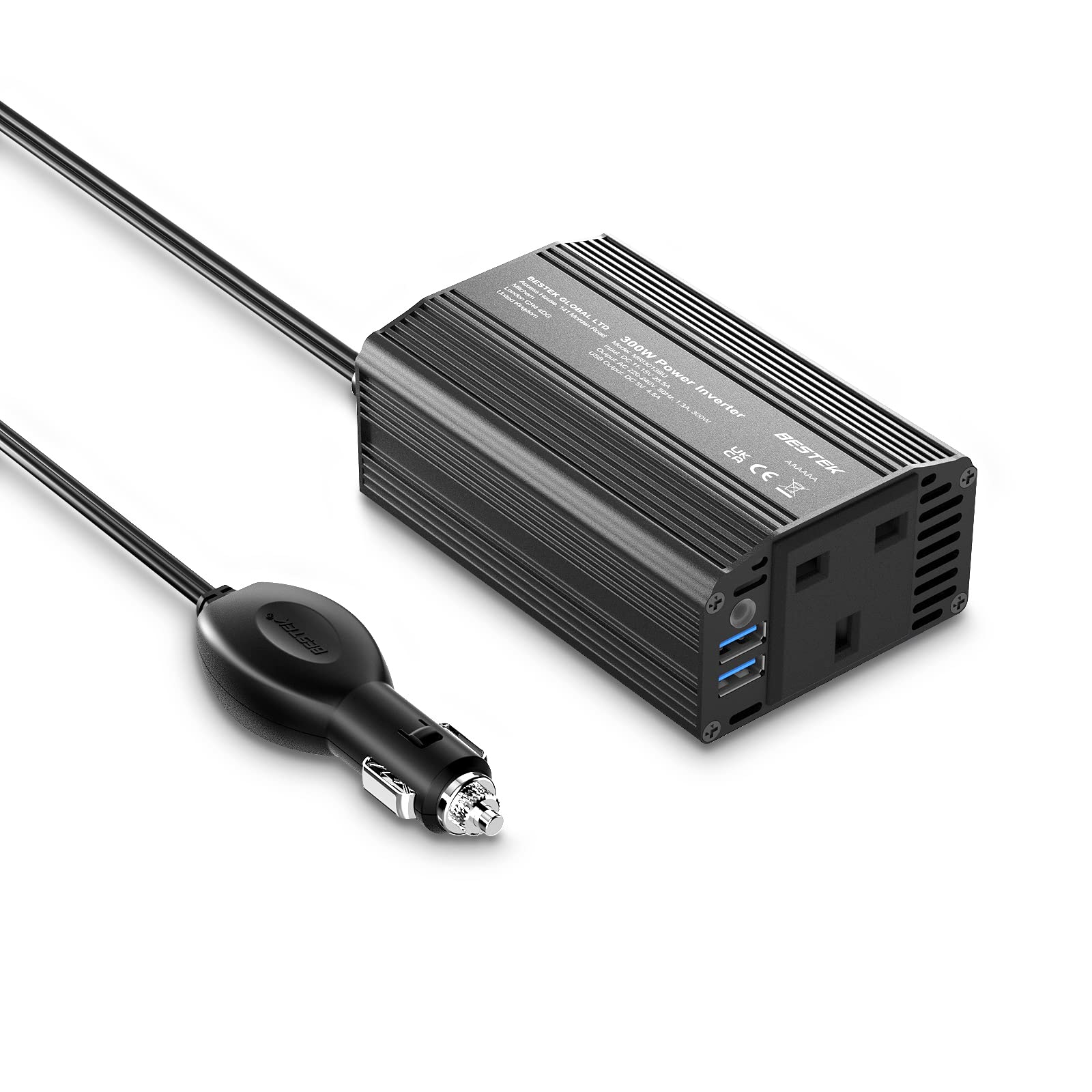 BESTEK Power Inverters 12V to 240V 230V 300W Inverter Transformer Car Charger Lighter Adapter with 3 Pin Plug and Dual USB Ports for Your Laptop, iPad, iPhone, Tablet, Consoles & More (Black)