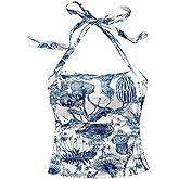 WDIRARA Women's Y2K Ruched Graphic Print Halter Neck Top Tie Back Square Neck Sleeveless Slim Fit Cami Tops