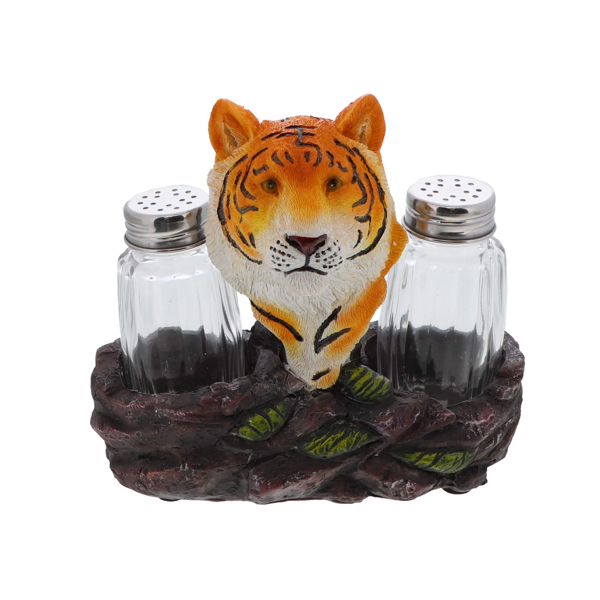 Jungle Animals Kitchen Décor Novelty Salt and Pepper Shaker Set With Holder - Small Tiger