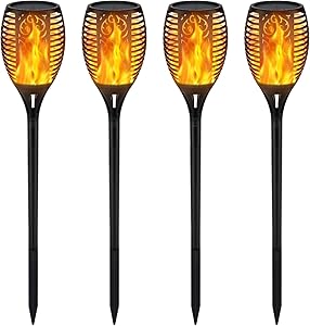 4pcs Solar Torch Lights, Waterproof Outdoor Flickering Flame Torch Lights, 96LEDs Dancing Flame Solar Led Lights Lamp Dusk to Dawn Spotlights, Landscape Pathway Garden Yard Decoration Lighting