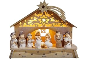 Hodao Nativity Scene Wooden House with Crib and Holy Family Christmas Decorations for Home Indoor 6.5''H Nativity Sets Tabletop Scenes Decor Light up Manger Scene Figurines Xmas Party Gifts