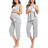 SWOMOG Women Maternity Pajama Set Nursing Pjs Double Layer Sleeveless Top Capri Pregnancy Set Breastfeeding Pjs with Pockets