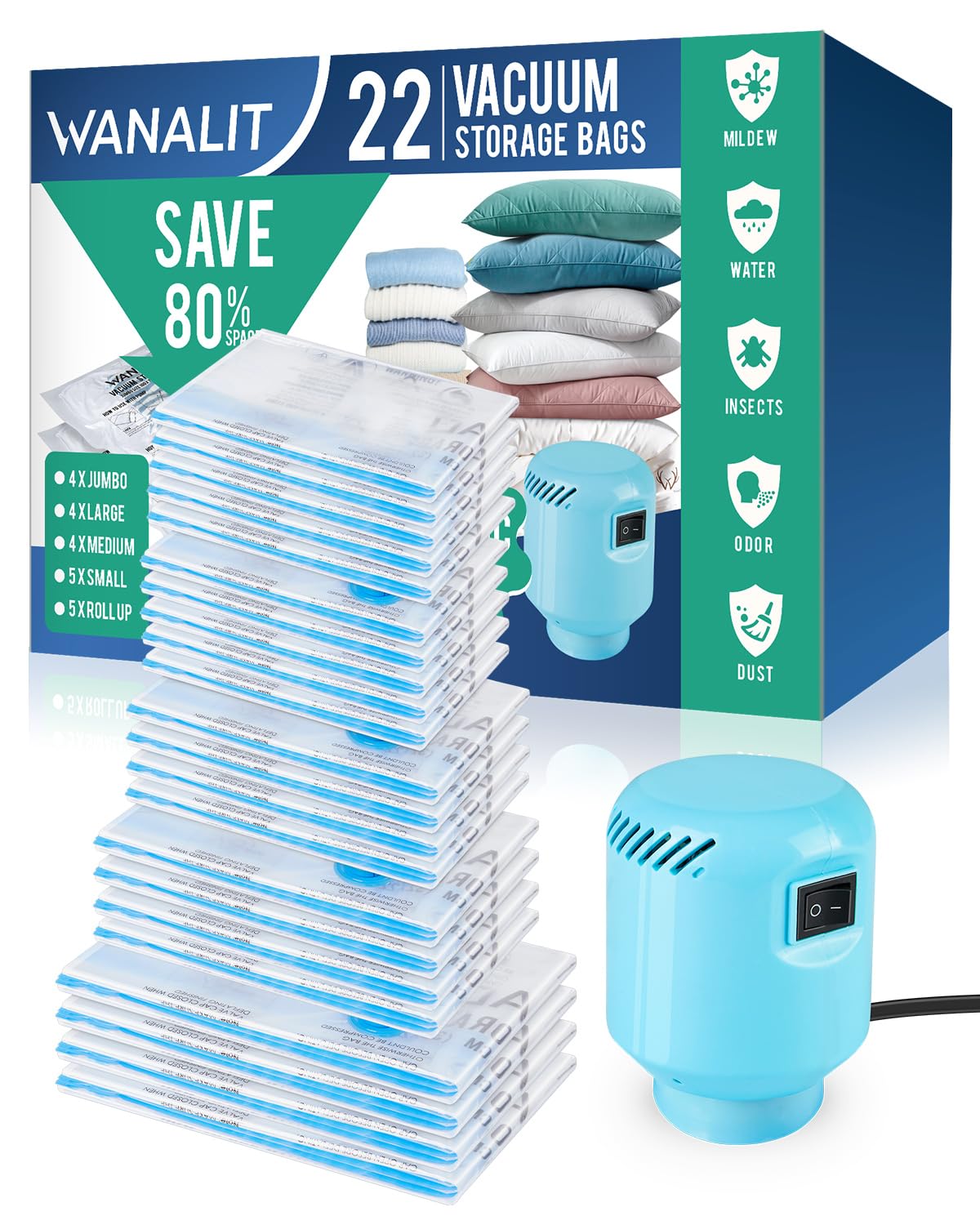 Vacuum Storage Bags with Electric Pump, 22 Pack (4 Jumbo, 4 Large, 4 Medium, 5 Small, 5 Roll Up ...