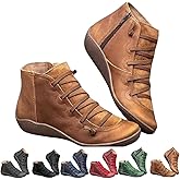 Women's Vintage Casual Short Ankle Boots,Ankle Boots for Women 2025 Arch Support Fashion No Heel Lace Up Side Zipper Retro Leather Booties Comfortable Slip On Flat Shoes Fall Spring Autumn Winter