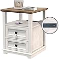 REDAYFUR End Table with Fast USB C Charging Station, 18" Wide Tall Sofa Side Table with 2 Drawers, Large Storage Rustic Wood Square Storage Cabinet for Living Room,Bedroom,Office, White