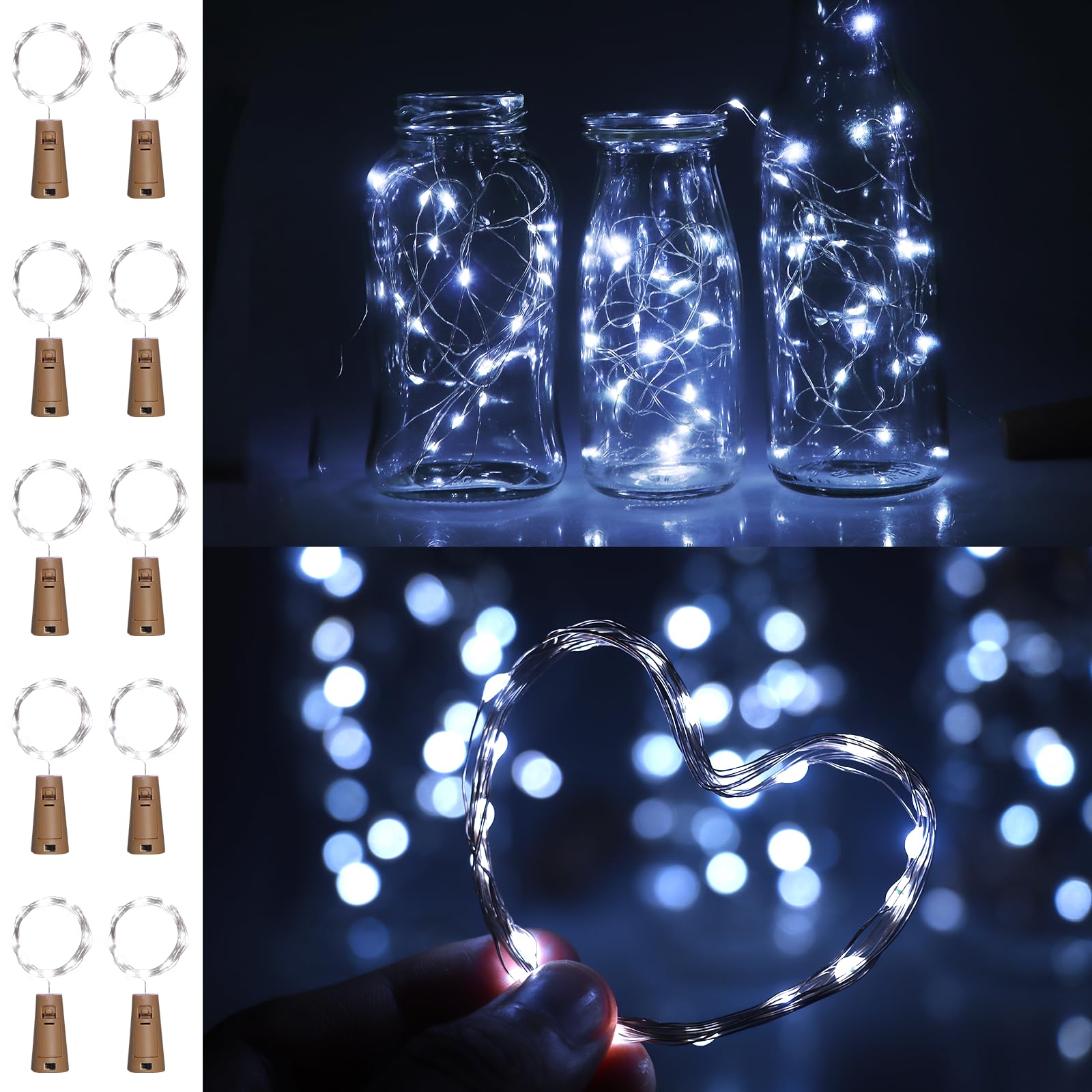 Liuyife 10 Pack Bottle Lights with Cork Cool White, 2M 20LED Mini Copper Wire Fairy Wine Bottle Lights, Waterproof Night Light, Suitable for DIY, Party, Christmas, Festival Decoration (Cool White)