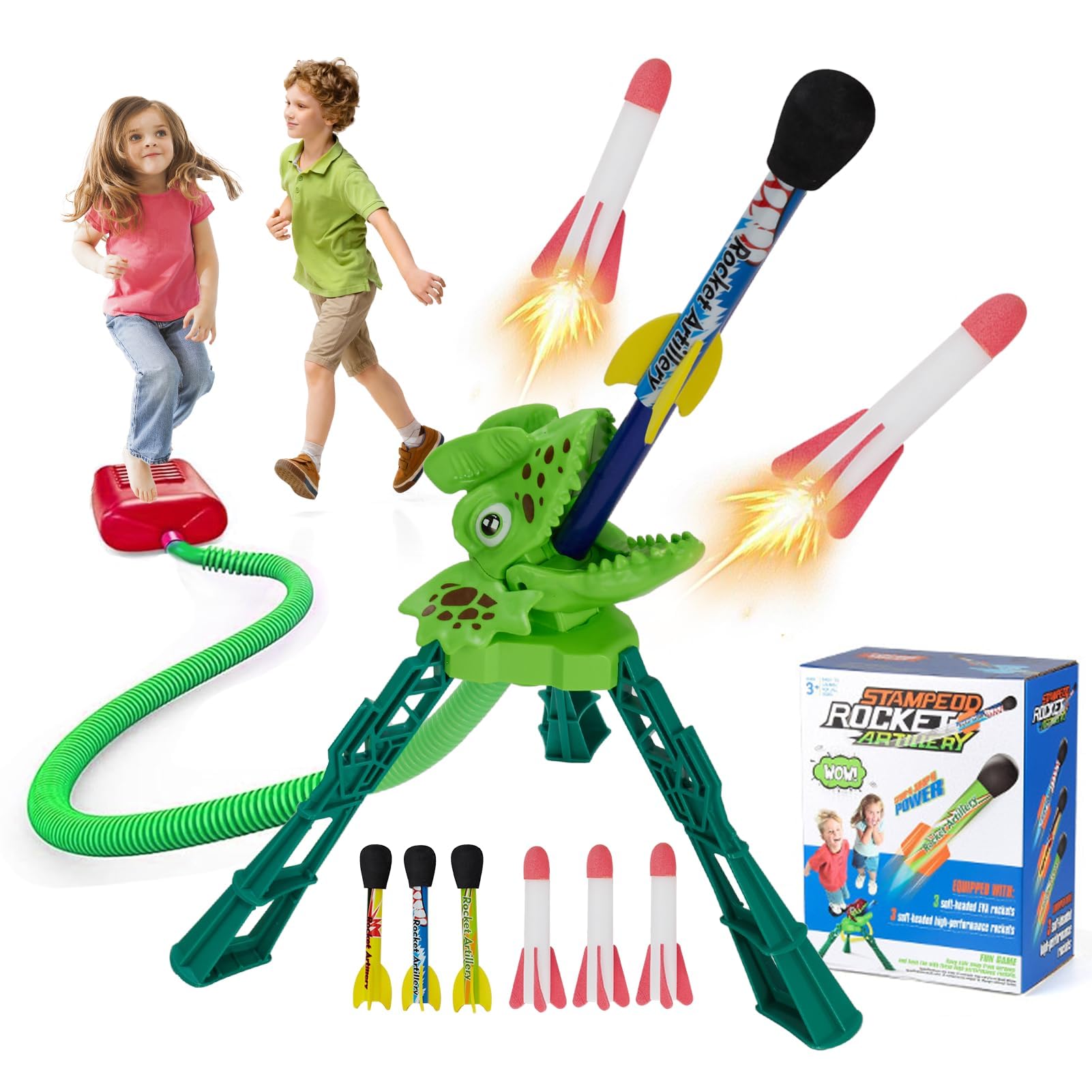 Qivange Dinosaur Rocket Launcher Toys for Kids 3-10, Outdoor LED Rocket Launcher with 6 Foam Rockets, Garden Outside Toys Gifts for Boys Girls Age 3 4 5 6 7 8 9 10 Years Old
