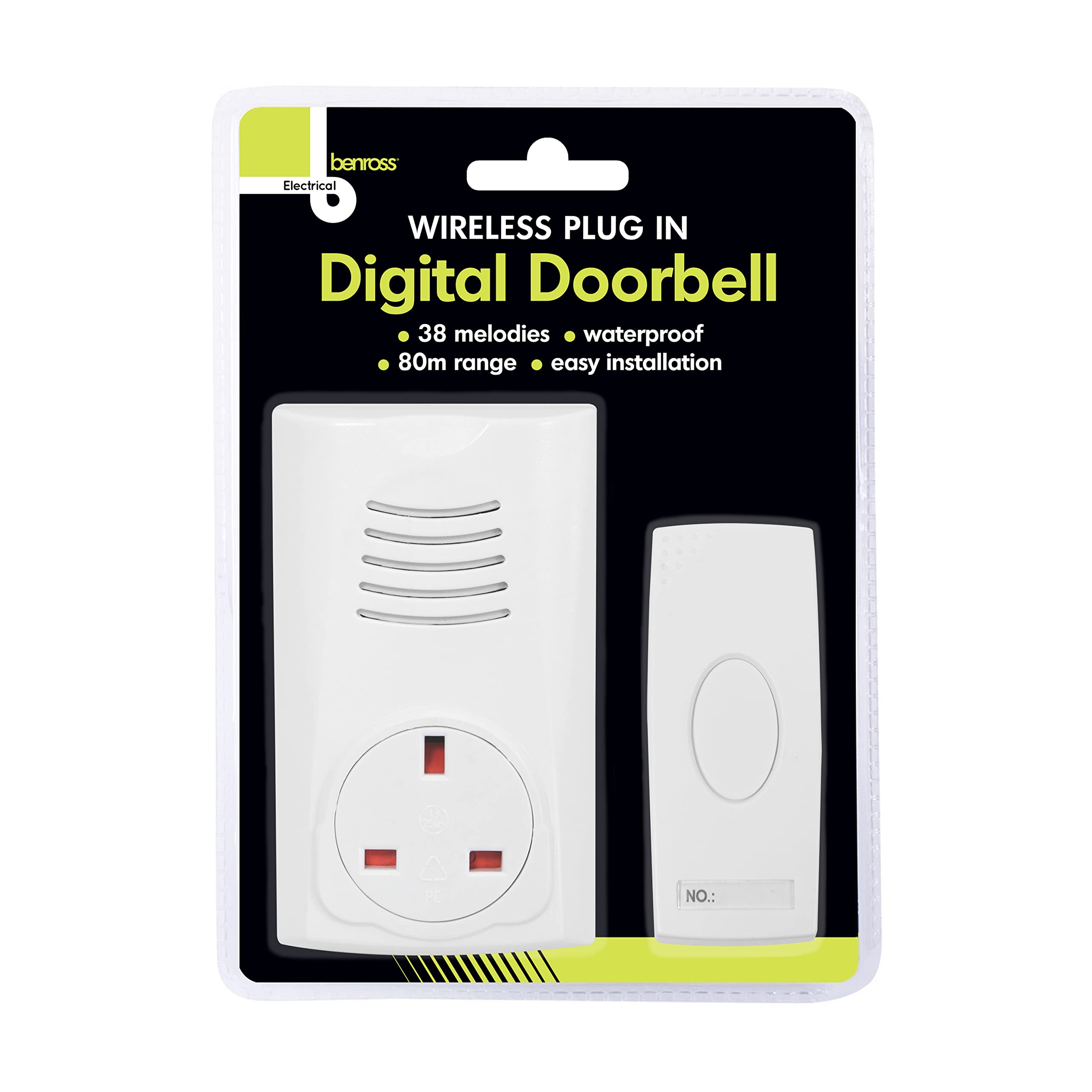 Benross 41010 Plug-In Wireless Doorbell / 80m Signal Range / 16 Different Melodies/Simple Push Button Operation/Waterproof Material/Easy Install/White Colour