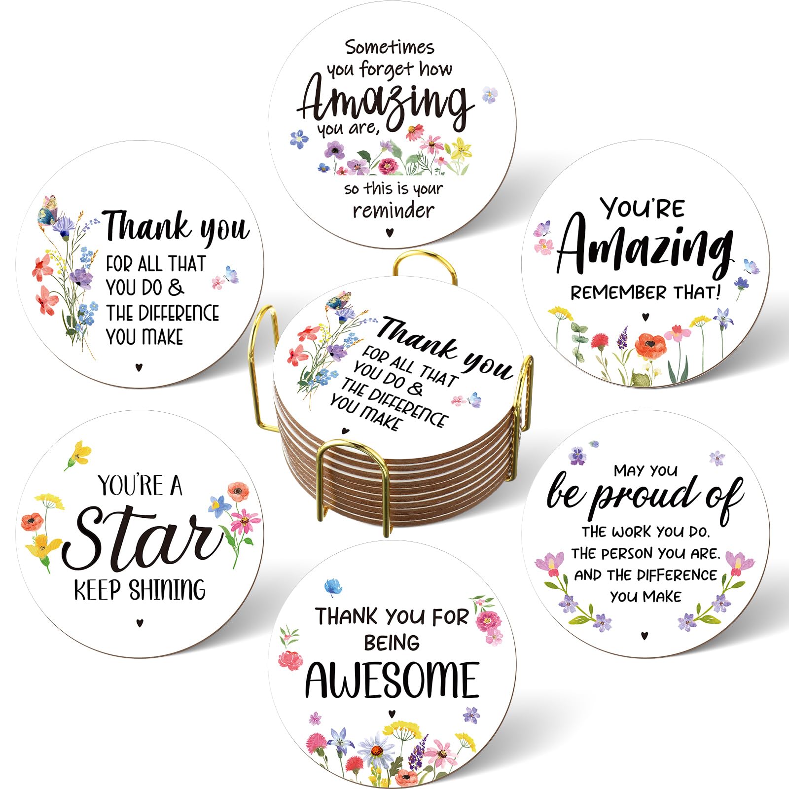 Perthlin 12 Pcs Thank You Gifts, Employee Appreciation Coasters Gifts, Inspirational Personalised Absorbent Coasters with Fiber Cork Base for Colleagues Teacher Nurses Volunteer Bulk Gift (Round)