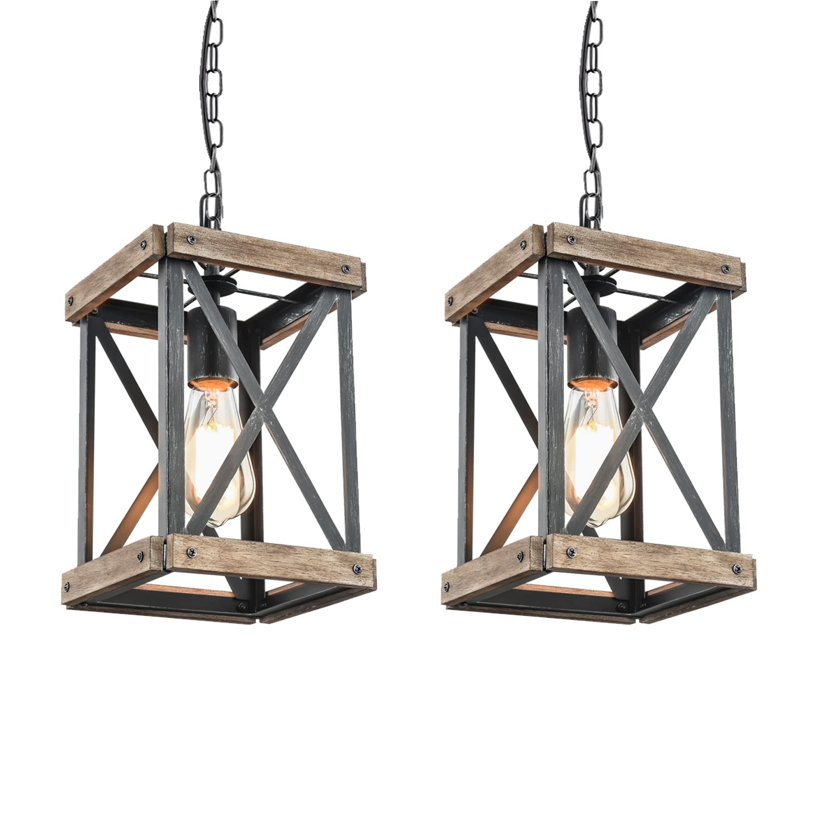 Photo 1 of wochos Farmhouse Pendant Light, Adjustable Metal and Wood Chandelier Light Fixture, Rustic Pendant Lighting for Kitchen Island, Bedroom, Dining Room and Entryway (Brown), 2 Pack