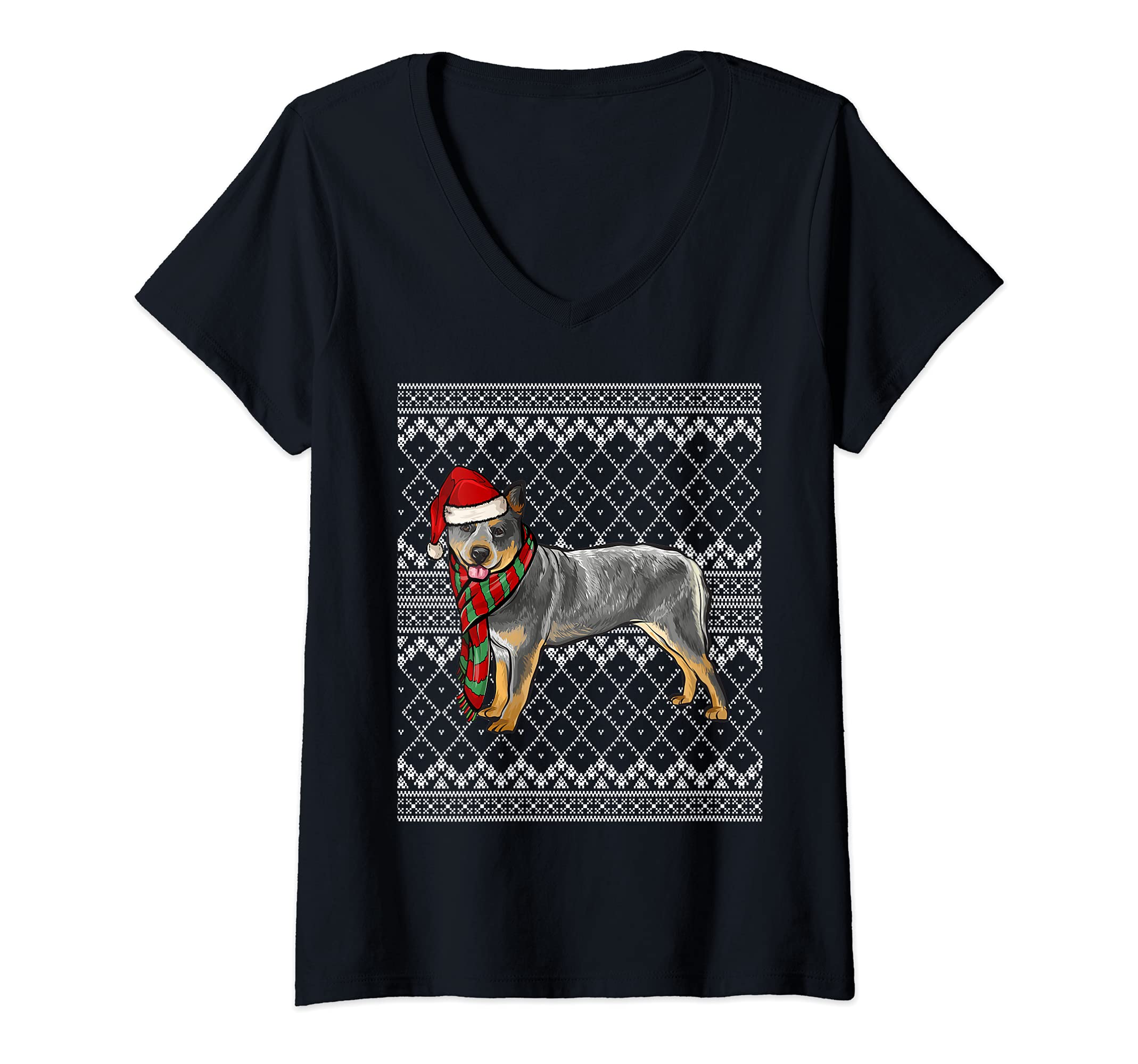 Womens Xmas Australian Cattle Dog Santa Claus Hat Ugly Christmas V-Neck T-Shirt