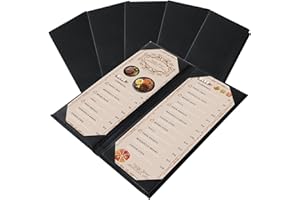 FLKQC Menu Covers 4.25" x 11" – 5 Pack 2 View Black PU Leather Restaurant Menu Holders, Double Panel with Angled Corners for Food Menus, Wine Lists & Drink Specials & Cocktail, Perfect for Parties