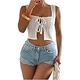 RoseSeek Women's Hollow Out Sleeveless Tank Top Sweaters Square Neck Tie Front Crop Tops Going Out Outfit