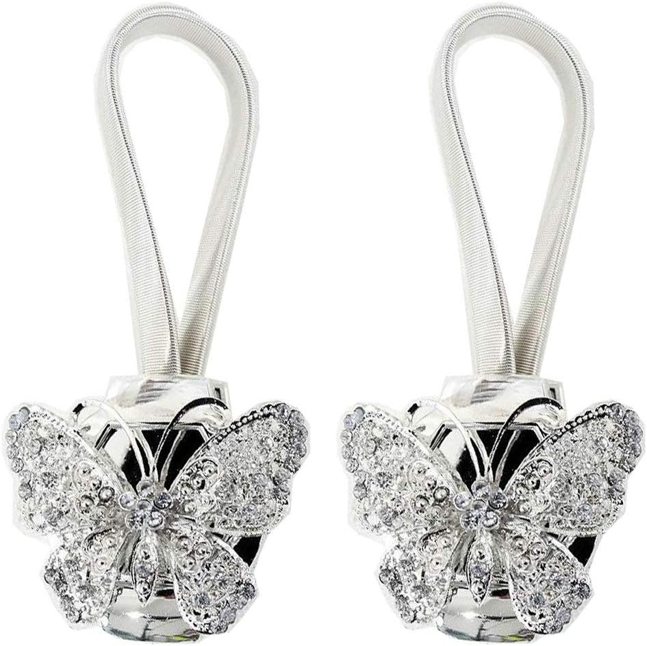 YYC 1 Pair Magnetic Curtain Buckle Butterfly Curtain Tiebacks Crystal Drape Tie Backs Elastic Rope (Silver)