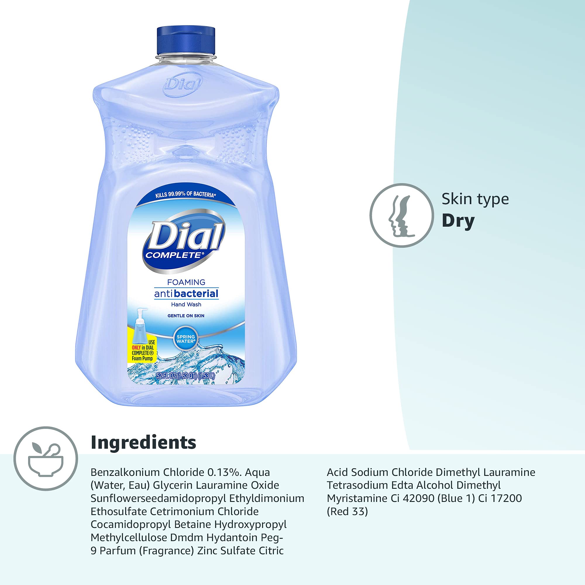 Dial Antibacterial Foaming Hand Soap Refill, Spring Water, 52 fl oz (Pack of 1)