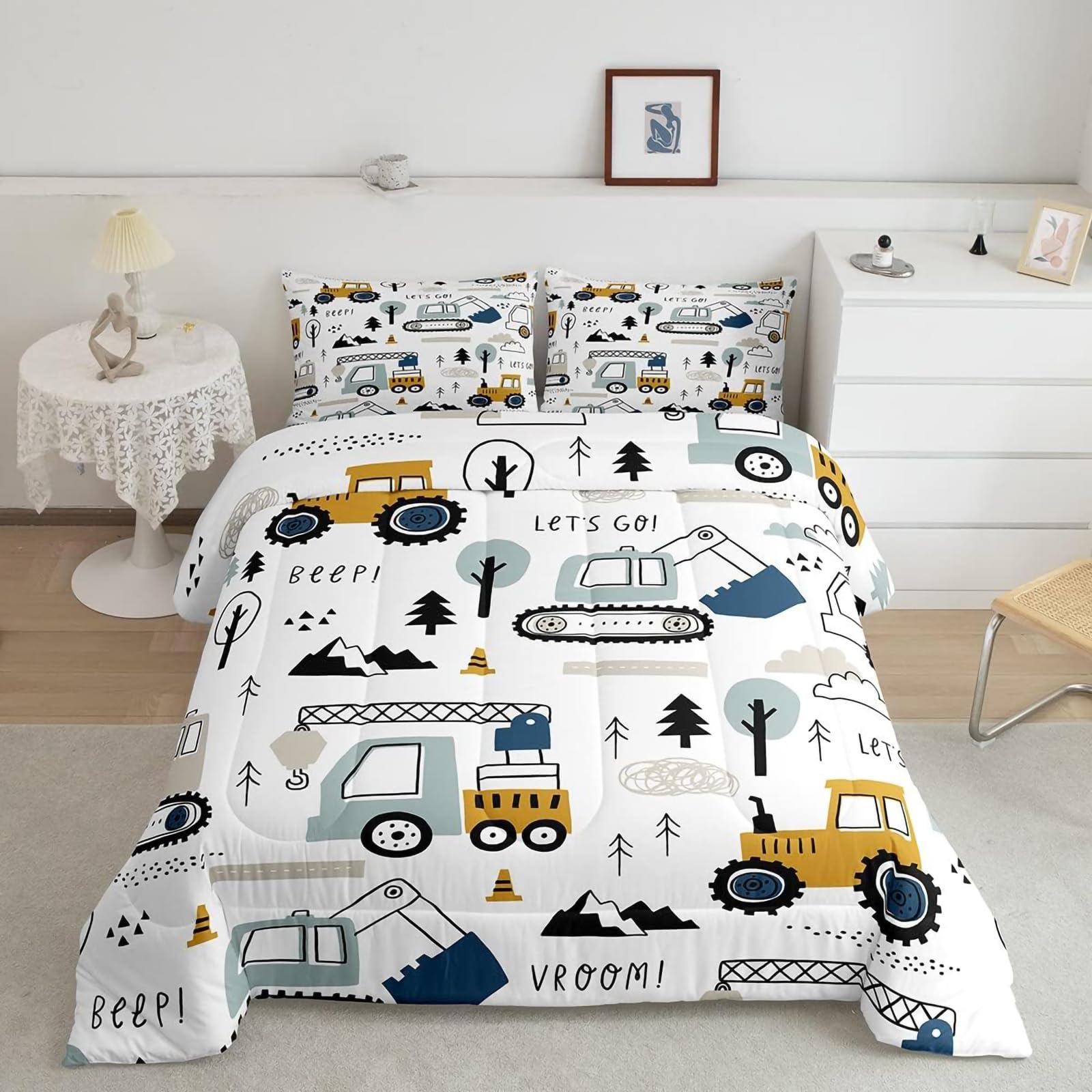 Tabeskly Kids Boy Car Digger Tractor Engineering vehicle Soft Zipper Bed Bedding Duvet Cover Set Double White 200×200cm